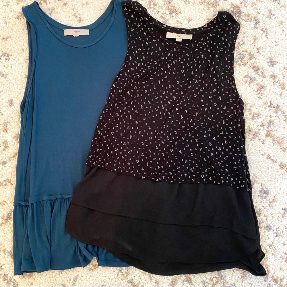 LOFT Teal & Black Floral Rayon Ruffle Layer Tanks